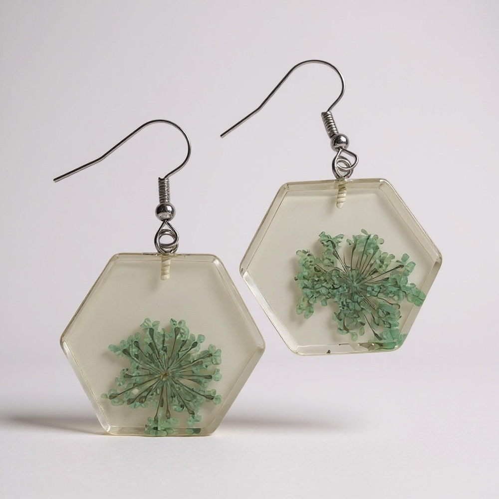 Hexagon Clear Botanical Dangle Earrings PMMA Green Flower Statement 4.6cm